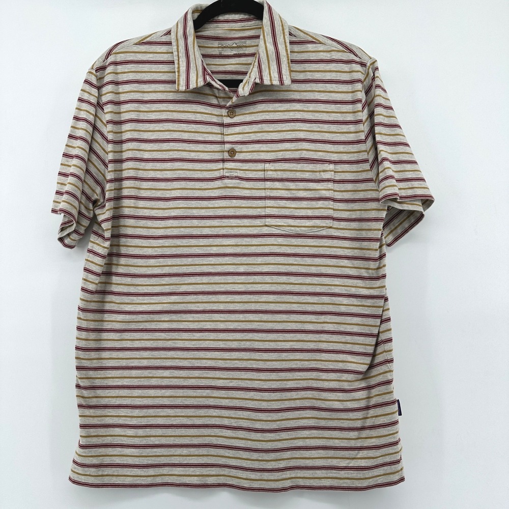 Patagonia Mens Organic Cotton Striped Polo Shirt Short Sleeve Gray Red STY52776